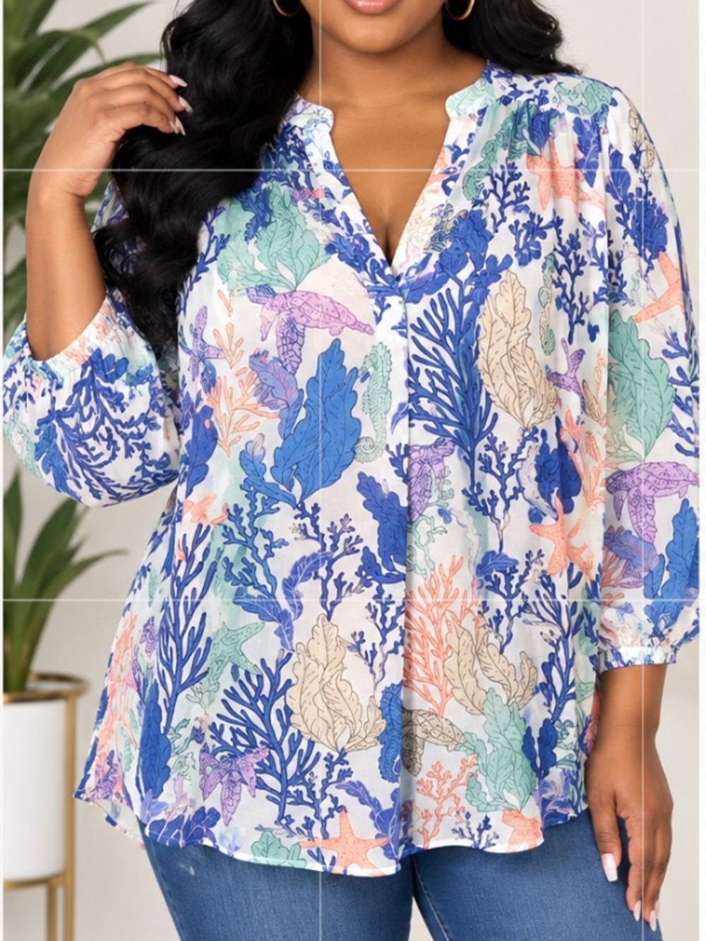 Jones New York Sea-inspired Button-Down Blouse - Blue Multi